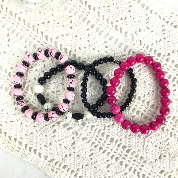 Stackable Bracelets Pink Black White Stretch 4Pc - Picture 2 of 6